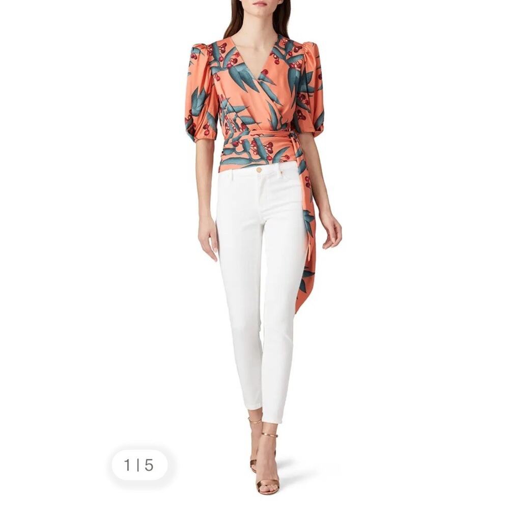 PatBo Heliconia Tropical Wrap Top Orange Size XS Puff Sleeve V-neck Resort L17